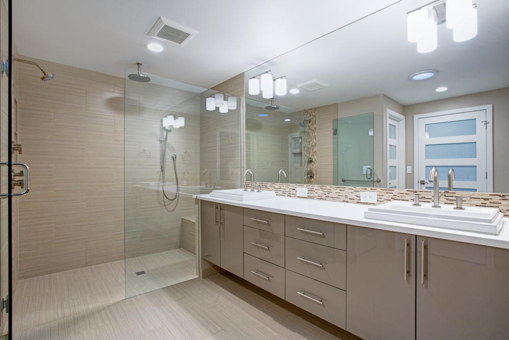 wall-mount glossy vanity in the stylish bathroom