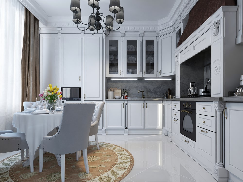 white cabinet valance over a range in luxury kitchen