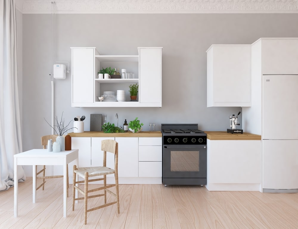 white scandinavian style kitchen with flat cabinet doors