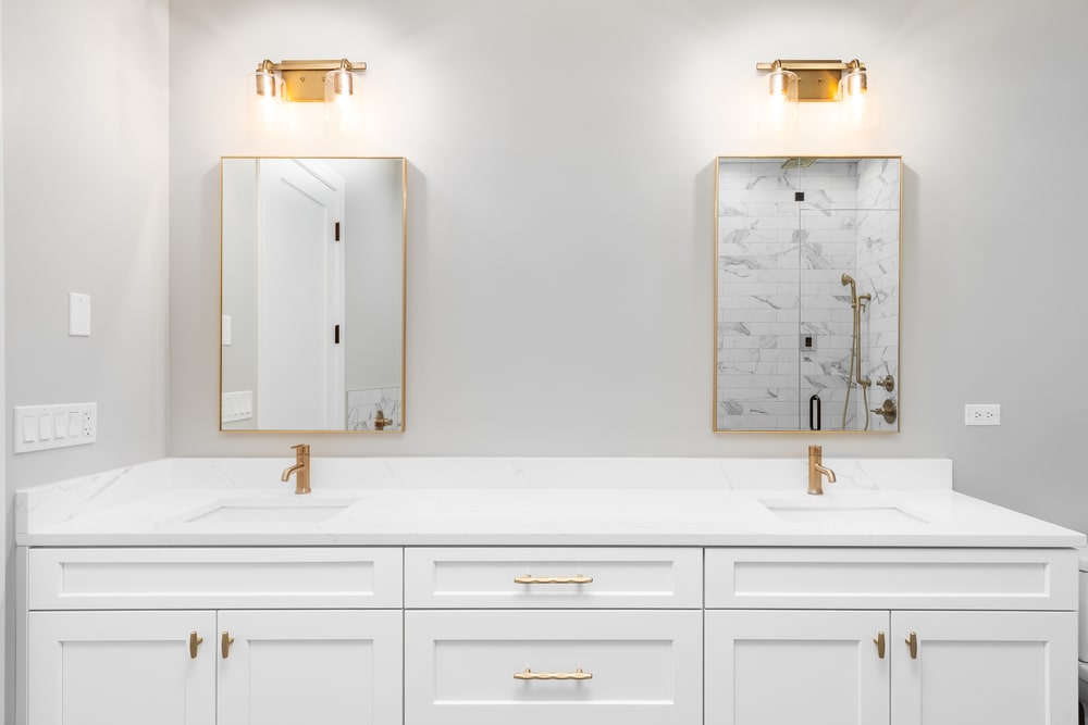 double bathroom vanity white with golden hardware