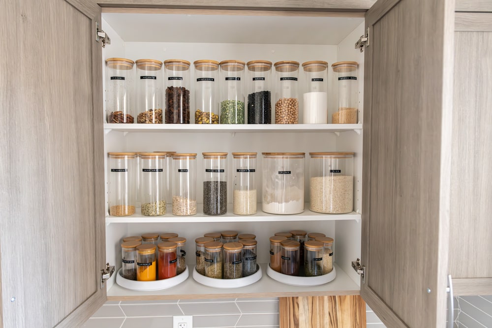 kitchen shallow pantry cabinet with goods