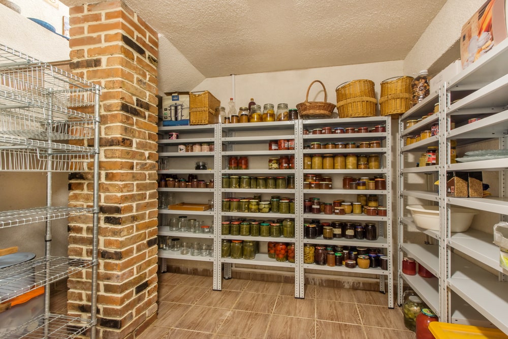 walk-in pantry with large food racks
