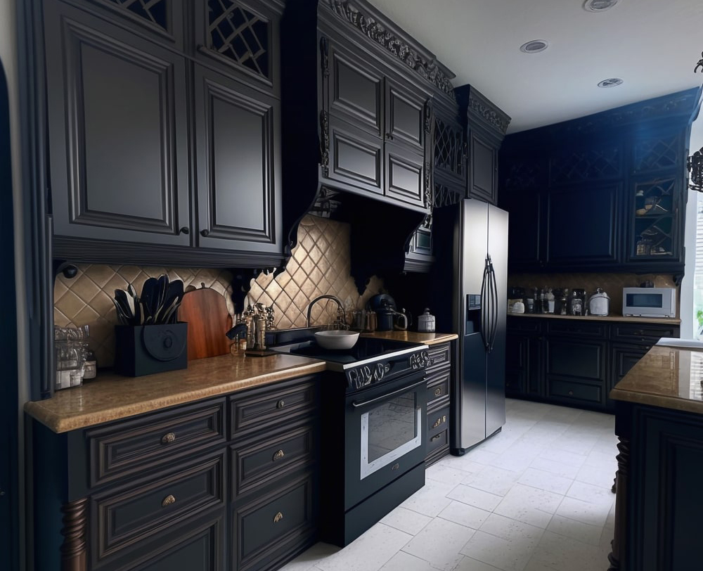 curved black kitchen cabinets with decorative valances