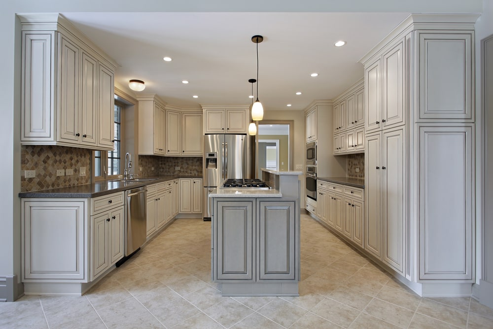 ceiling-height kitchen cabinets grey beaded finish