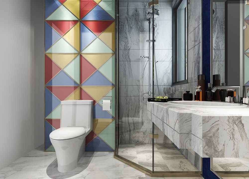 laminate bathroom vanity and colourful tile in the bathroom