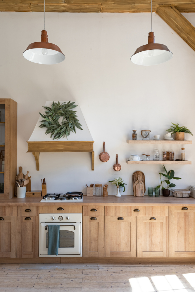 Kitchen with rustic shelves
