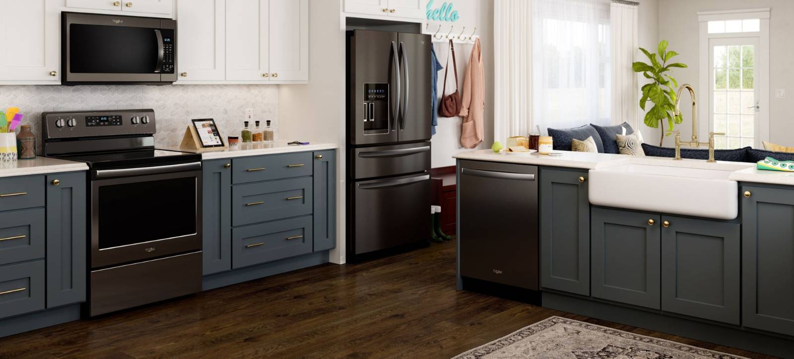 colored kitchen cabinets with black appliances