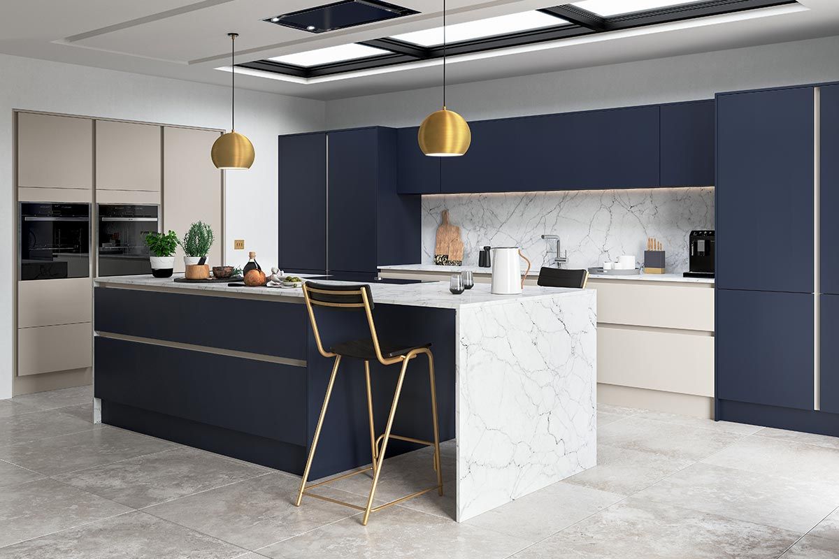 navy blue and white kitchen cabinets